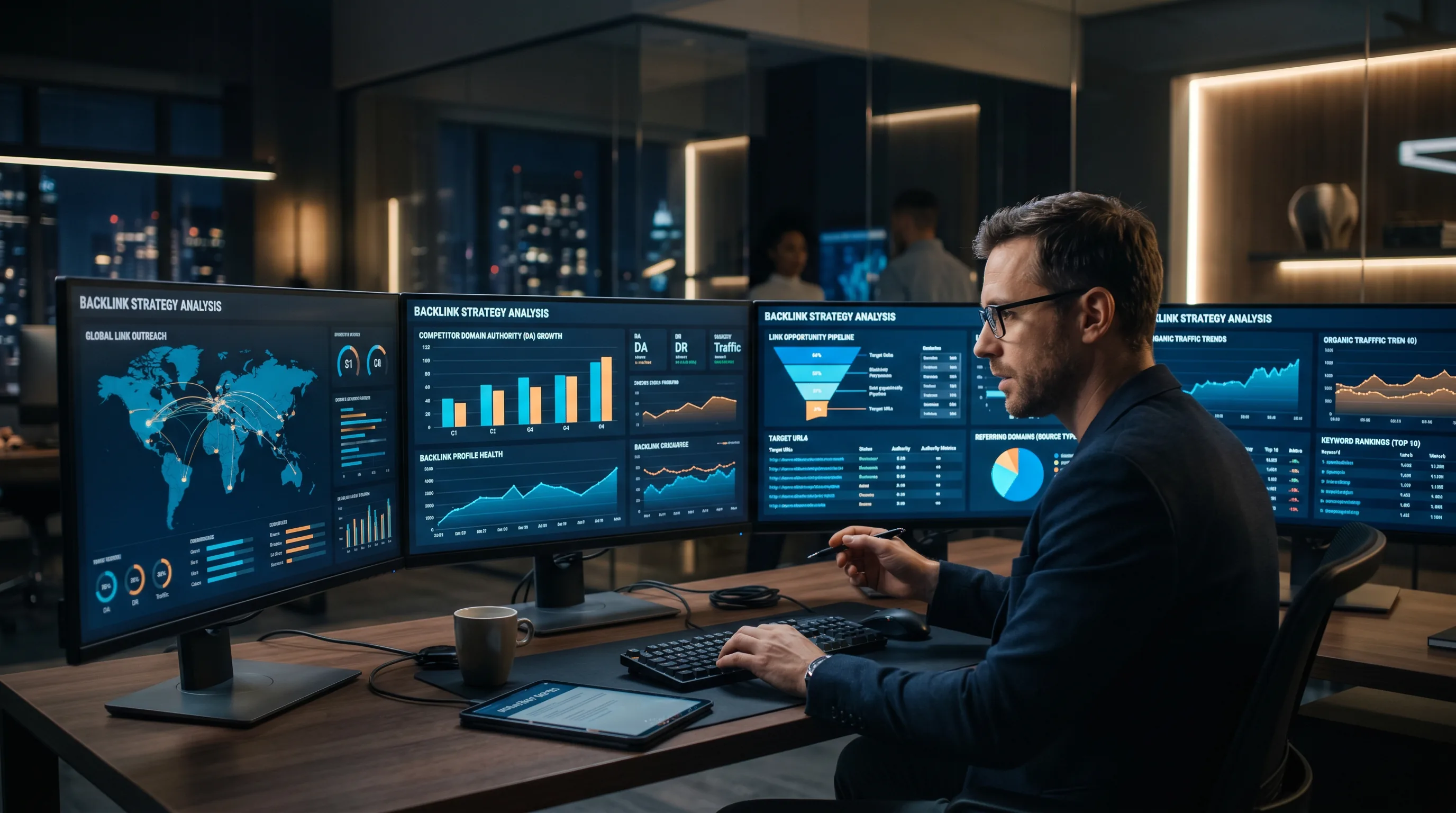 SEO strategist visual reviewing competitor backlink opportunities, growth charts, and ranking data across multiple screens.