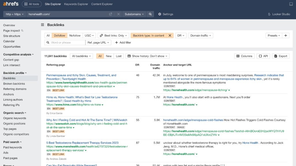 Backlinks list screenshot showing referring pages, DR, domain traffic, and anchor context used to evaluate competitor backlink opportunities.